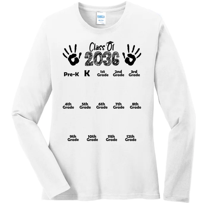 Class Of 2036 Grow With Me Handprint Pre K 12th Grade Ladies Long Sleeve Shirt