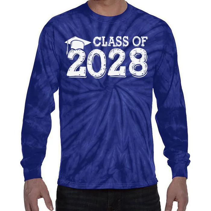 Class Of 2028 Grow With Me Handprints Space On Back Tie-Dye Long Sleeve Shirt