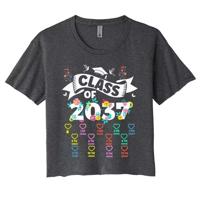 Class Of 2037 Grow With Me Checklist Graduation Floral Women's Crop Top Tee