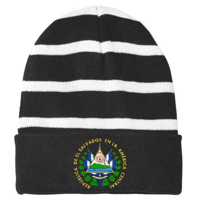 Coat Of Arms Of El Salvador Salvadoran Striped Beanie with Solid Band