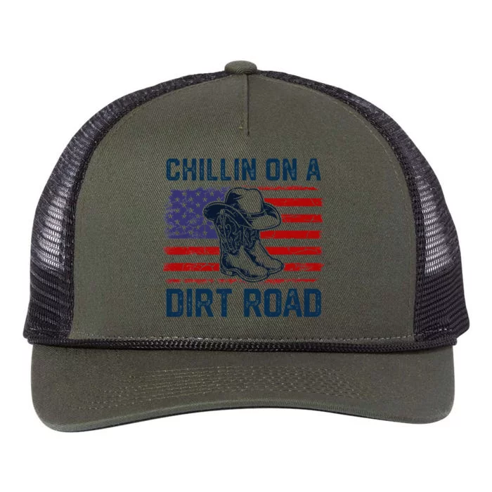 Chillin On A Dirt Road Country Music Western Vintage Us Flag Retro Rope Trucker Hat Cap