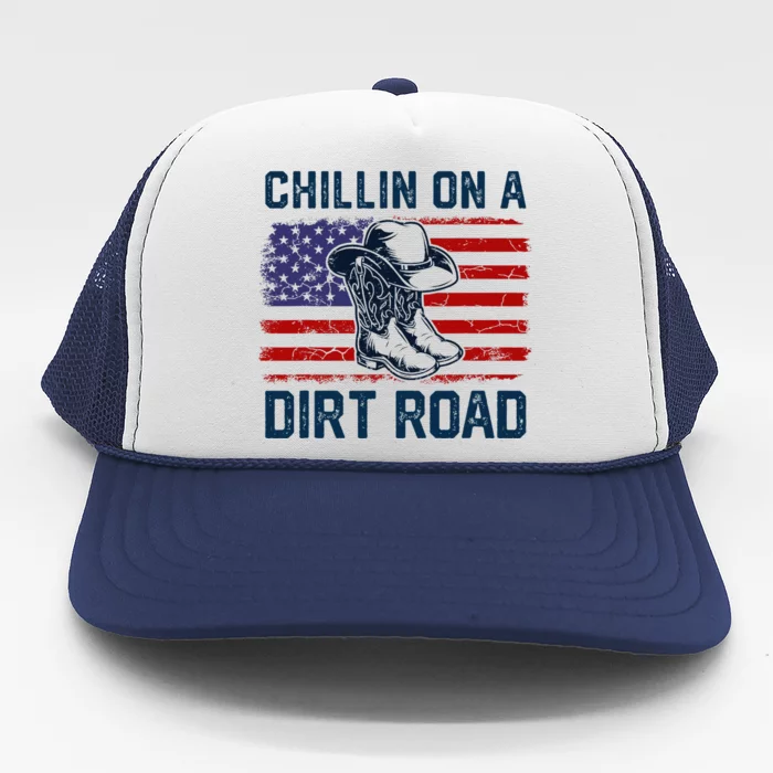 Chillin On A Dirt Road Country Music Western Vintage Us Flag Trucker Hat