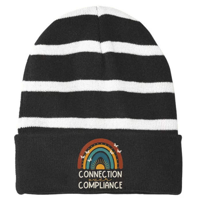 Connection Over Compliance SPED Teacher Autism Mom Striped Beanie with Solid Band