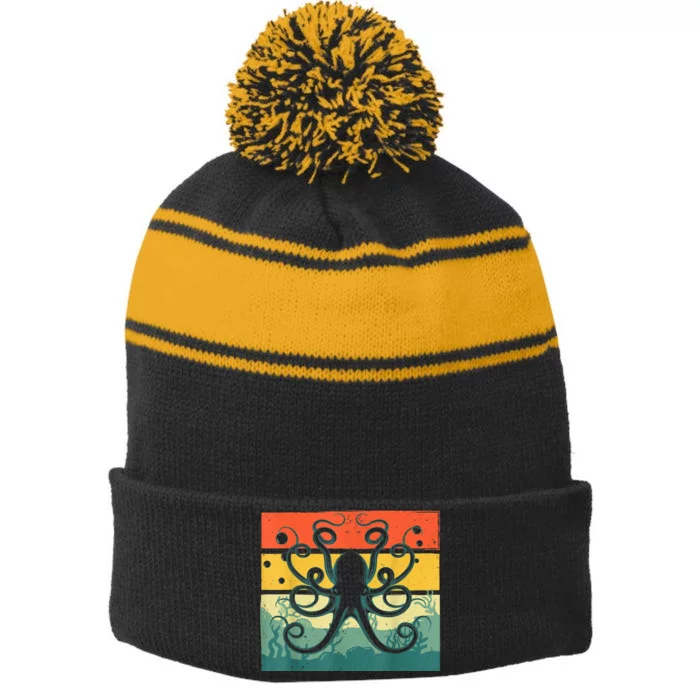 Cool Octopus Design For Men Women Vintage Octopus Lover Stripe Pom Pom Beanie