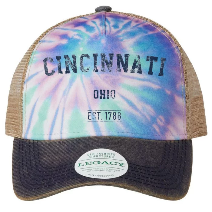 Cincinnati Ohio Distressed Text Sport Style Legacy Tie Dye Trucker Hat