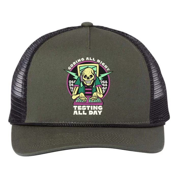 Coding All Night Testing All Day Skeleton Retro Rope Trucker Hat Cap