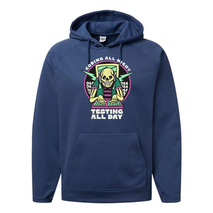 Coding All Night Testing All Day Skeleton Performance Fleece Hoodie