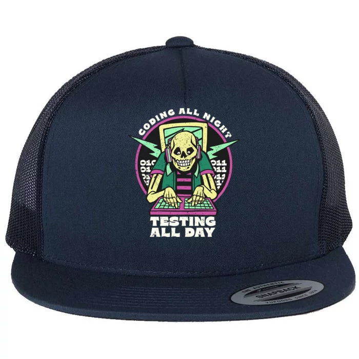 Coding All Night Testing All Day Skeleton Flat Bill Trucker Hat