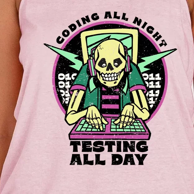 Coding All Night Testing All Day Skeleton Women's Knotted Racerback Tank