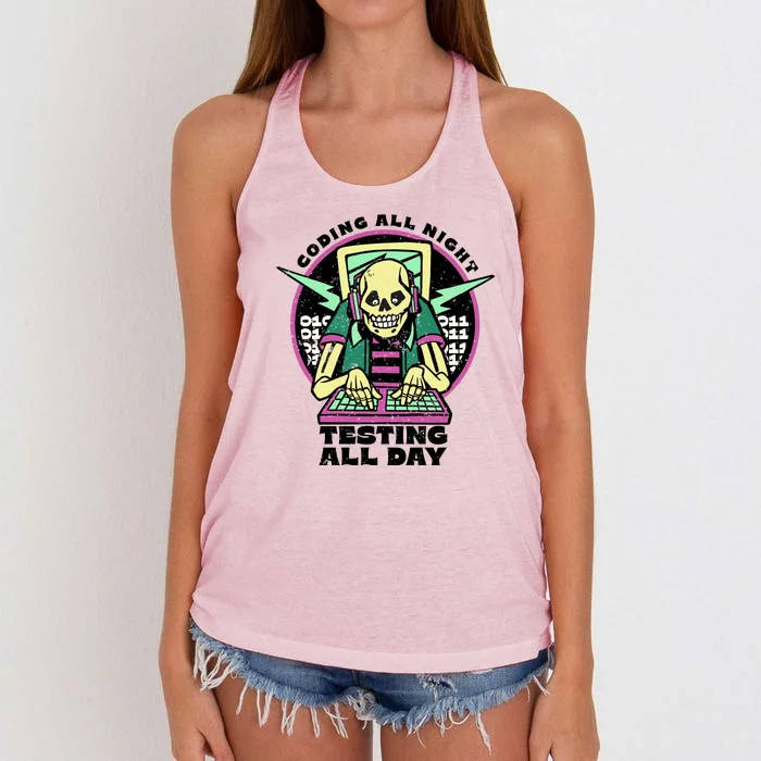 Coding All Night Testing All Day Skeleton Women's Knotted Racerback Tank