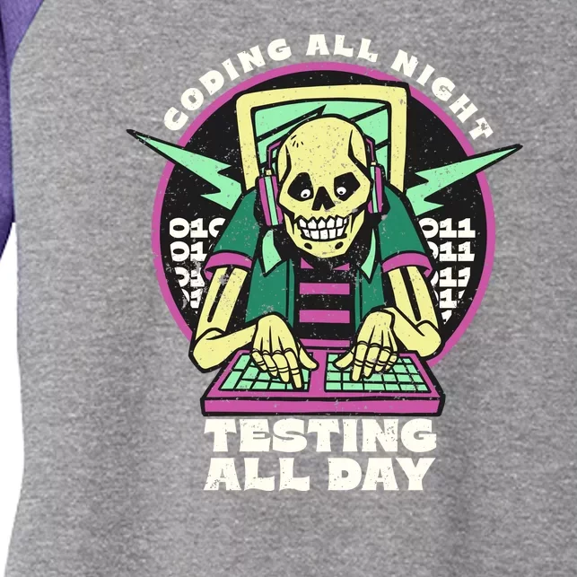 Coding All Night Testing All Day Skeleton Women's Tri-Blend 3/4-Sleeve Raglan Shirt