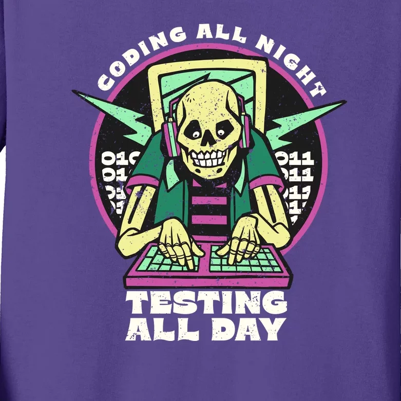 Coding All Night Testing All Day Skeleton Kids Long Sleeve Shirt