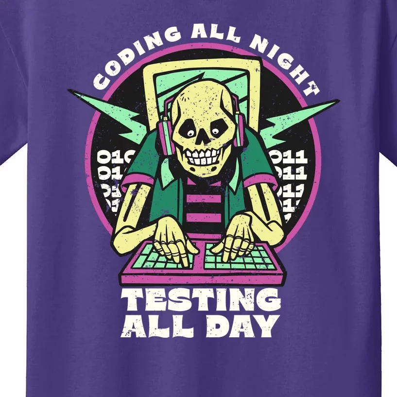 Coding All Night Testing All Day Skeleton Kids T-Shirt