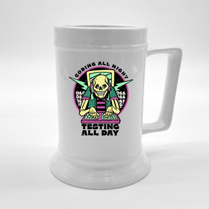 Coding All Night Testing All Day Skeleton Front & Back Beer Stein