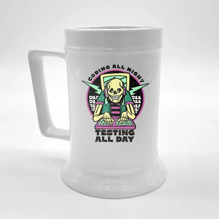 Coding All Night Testing All Day Skeleton Front & Back Beer Stein