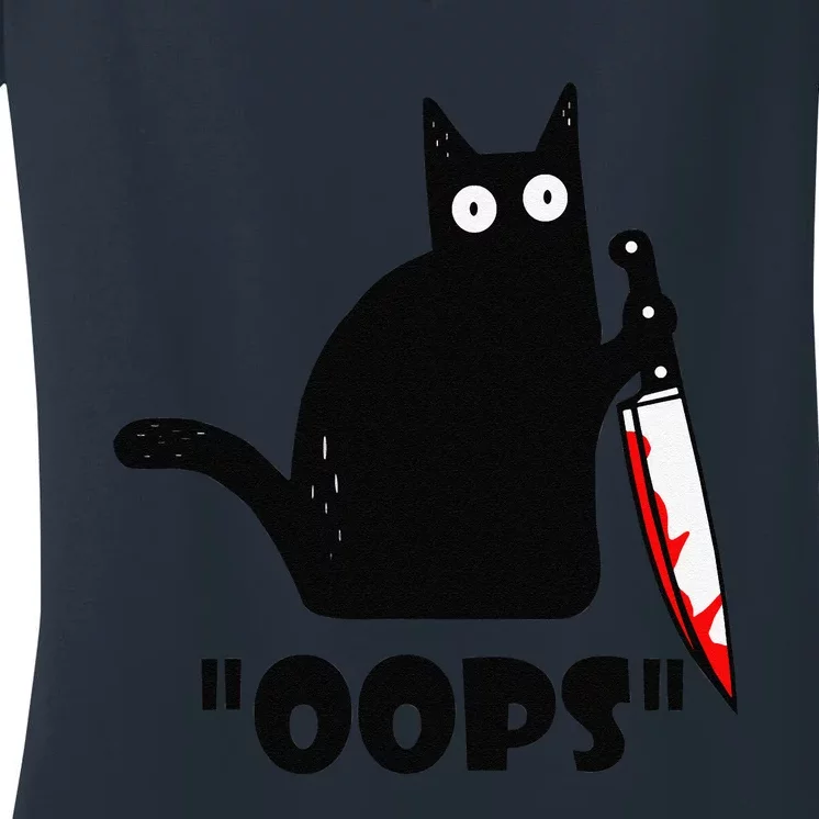 Cat Oops! Funny Black Cat Murderous Cat With Knife Women's V-Neck T-Shirt