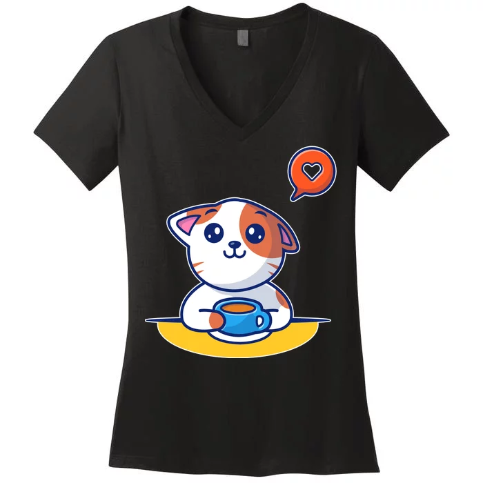 Coffee Cat Hollow Heart Women's V-Neck T-Shirt