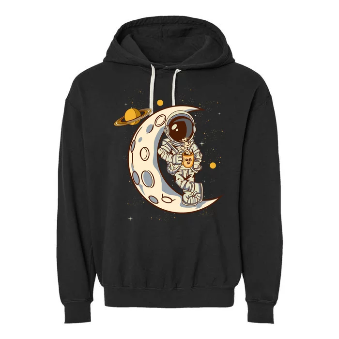 Coffee Loving Space Astronaut Moon Crest Garment-Dyed Fleece Hoodie