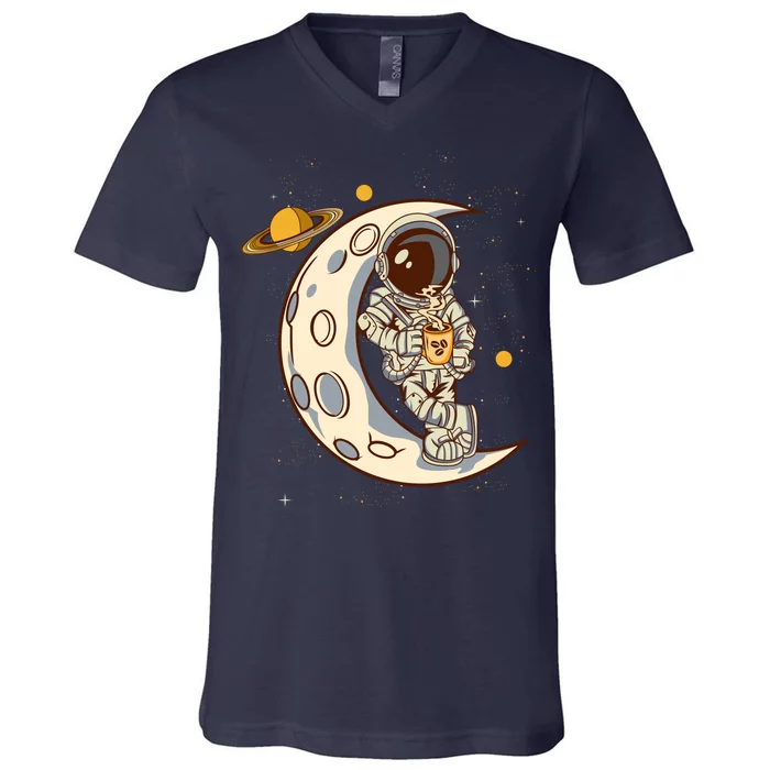 Coffee Loving Space Astronaut Moon Crest V-Neck T-Shirt