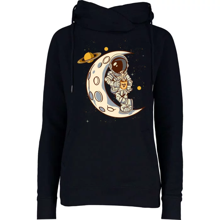 Coffee Loving Space Astronaut Moon Crest Womens Funnel Neck Pullover Hood