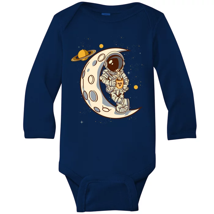 Coffee Loving Space Astronaut Moon Crest Baby Long Sleeve Bodysuit