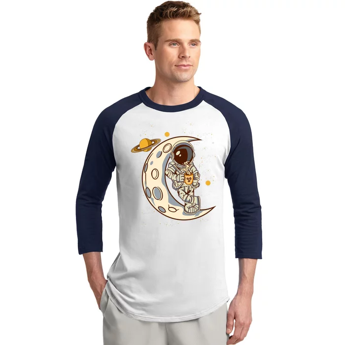 Coffee Loving Space Astronaut Moon Crest Baseball Sleeve Shirt