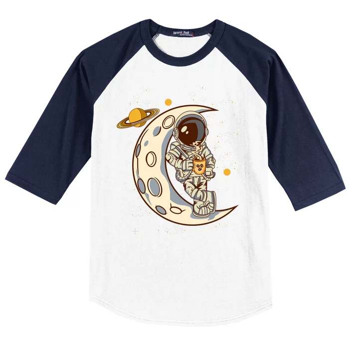 Coffee Loving Space Astronaut Moon Crest Baseball Sleeve Shirt