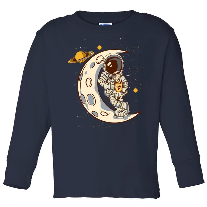 Coffee Loving Space Astronaut Moon Crest Toddler Long Sleeve Shirt