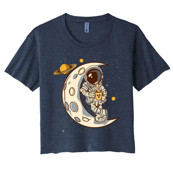 Coffee Loving Space Astronaut Moon Crest Women's Crop Top Tee