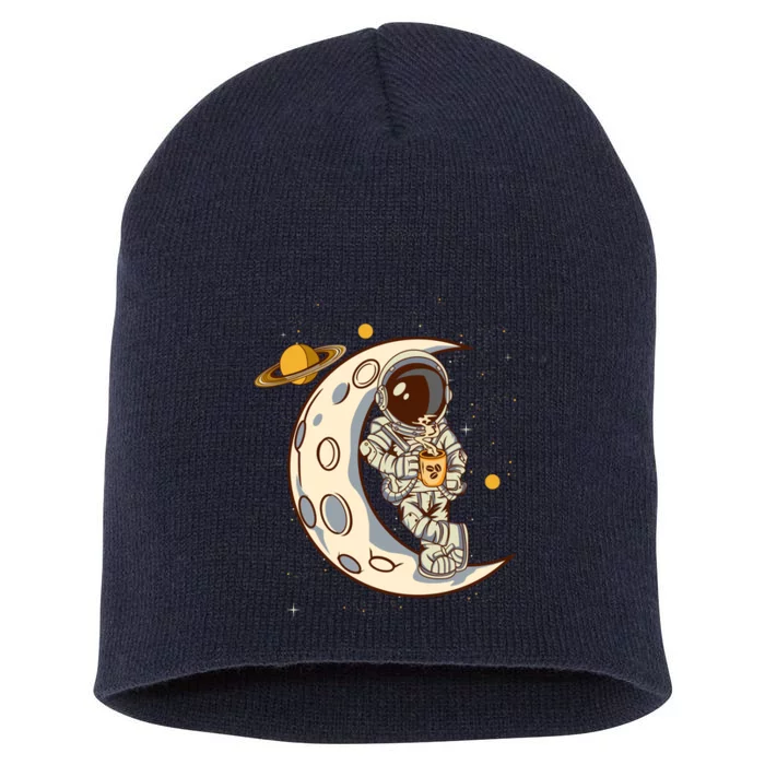 Coffee Loving Space Astronaut Moon Crest Short Acrylic Beanie