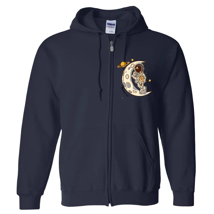 Coffee Loving Space Astronaut Moon Crest Full Zip Hoodie