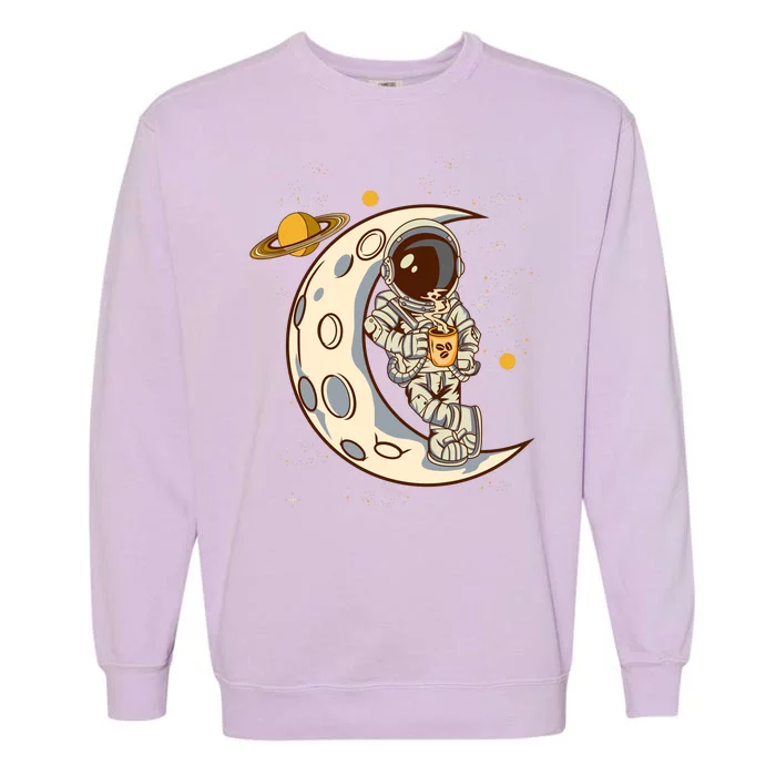 Coffee Loving Space Astronaut Moon Crest Garment-Dyed Sweatshirt