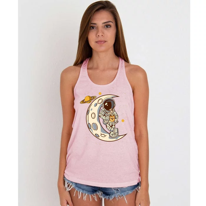 Coffee Loving Space Astronaut Moon Crest Women's Knotted Racerback Tank