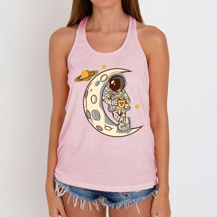 Coffee Loving Space Astronaut Moon Crest Women's Knotted Racerback Tank