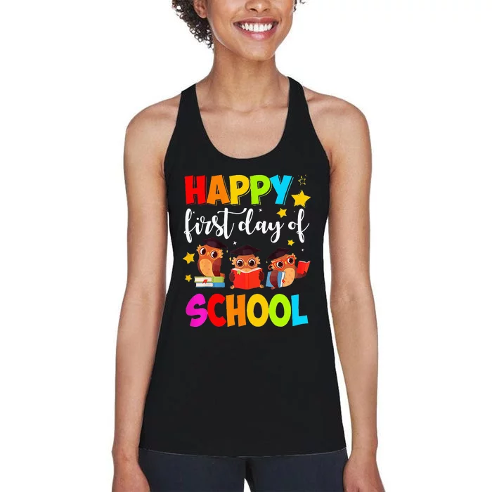 Cute Owls Happy First Day of School Students Parents Women's Racerback Tank