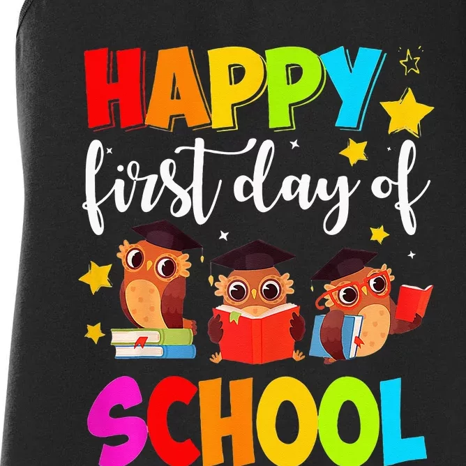 Cute Owls Happy First Day of School Students Parents Women's Racerback Tank