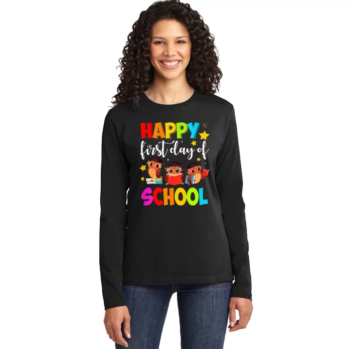 Cute Owls Happy First Day of School Students Parents Ladies Long Sleeve Shirt