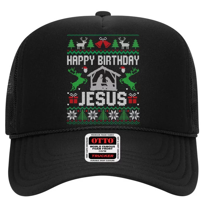 Christmas Outfit Happy Birthday Jesus Holiday Ugly Sweater High Crown Mesh Trucker Hat