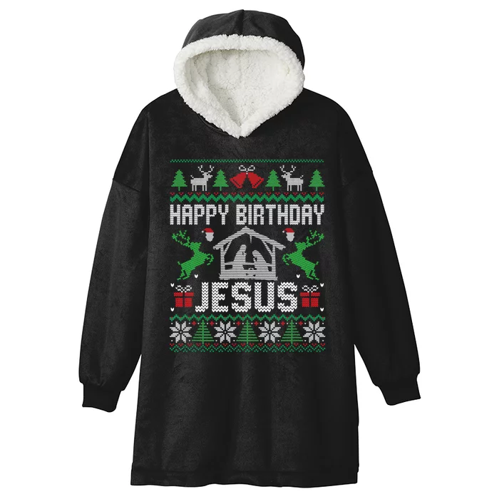 Christmas Outfit Happy Birthday Jesus Holiday Ugly Sweater Hooded Wearable Blanket