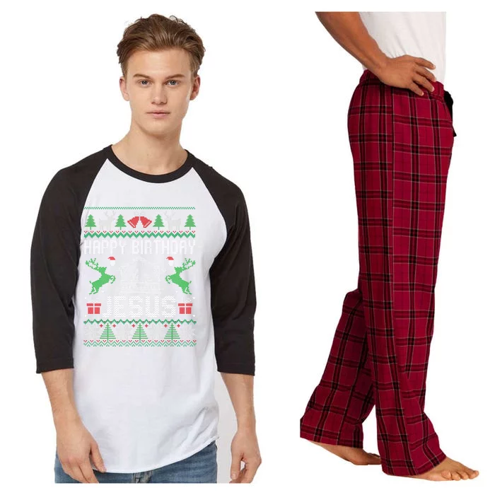 Christmas Outfit Happy Birthday Jesus Holiday Ugly Sweater Raglan Sleeve Pajama Set