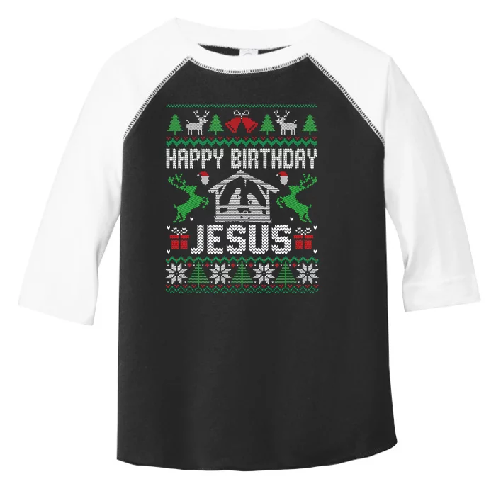 Christmas Outfit Happy Birthday Jesus Holiday Ugly Sweater Toddler Fine Jersey T-Shirt