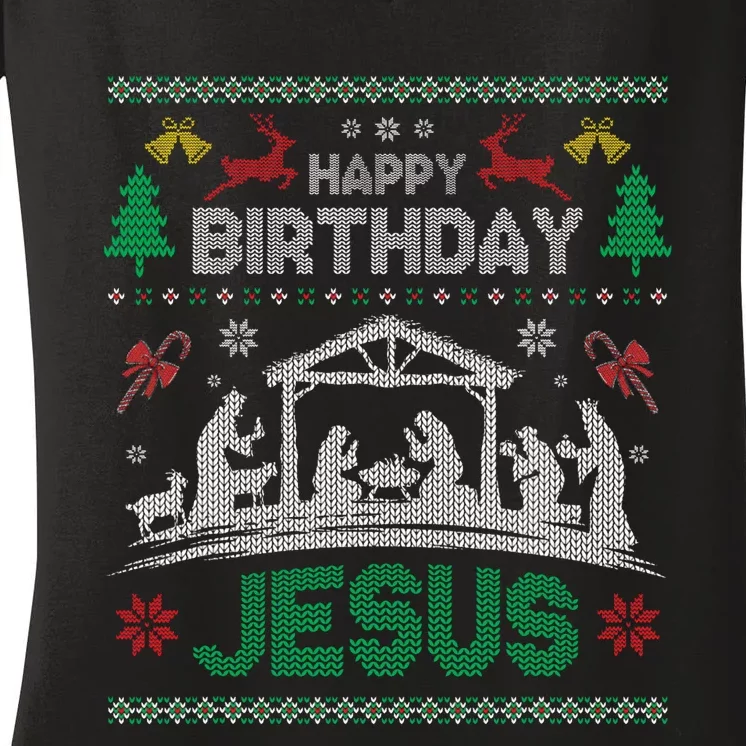 Christmas Outfit Happy Birthday Jesus Holiday Ugly Sweater Women's V-Neck T-Shirt