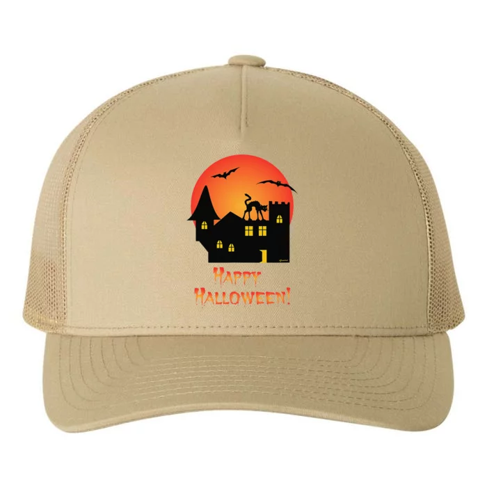 Creepy Old House Spooky Black Cat And Bats Halloween Yupoong Adult 5-Panel Trucker Hat