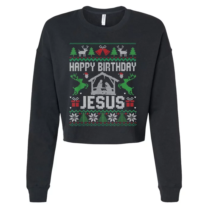 Christmas Outfit Happy Birthday Jesus Holiday Ugly Sweater Cropped Pullover Crew