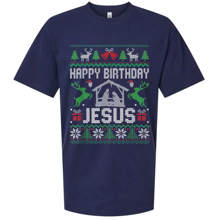 Christmas Outfit Happy Birthday Jesus Holiday Ugly Sweater Sueded Cloud Jersey T-Shirt