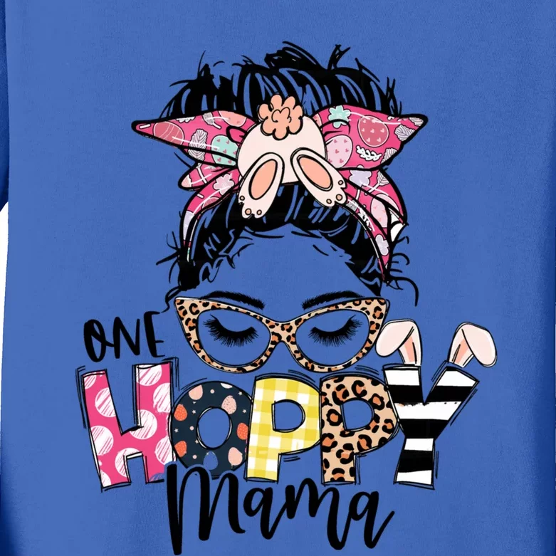 Cute One Hoppy Mama Gift Messy Bun Leopard Bunny Easter Day Gift Kids Long Sleeve Shirt