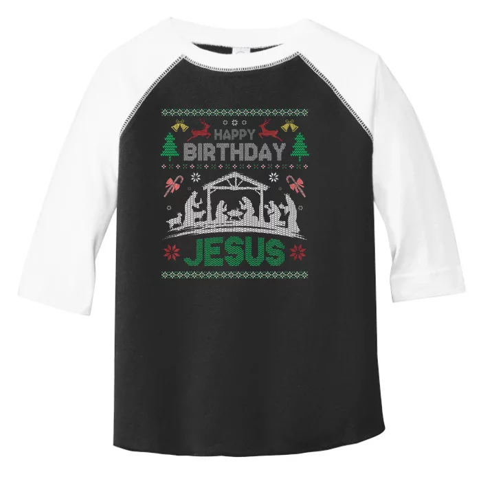 Christmas Outfit Happy Birthday Jesus Holiday Ugly Sweater Toddler Fine Jersey T-Shirt