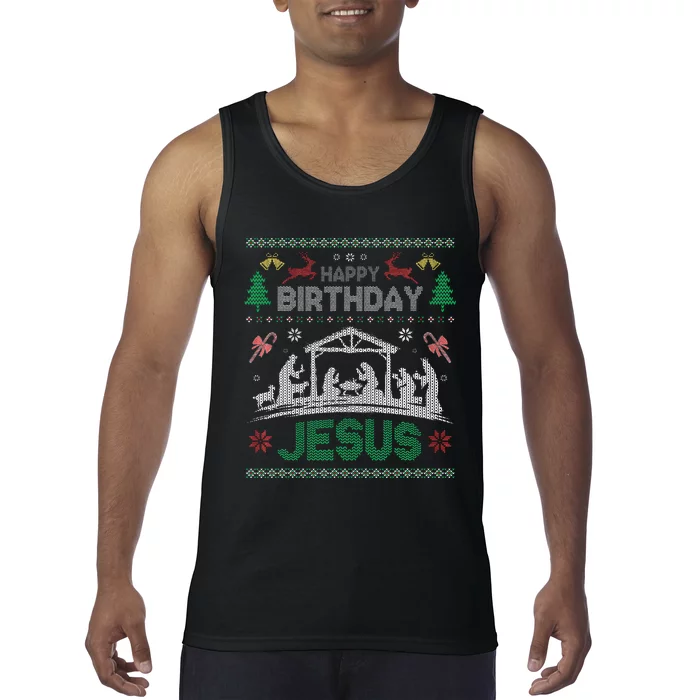 Christmas Outfit Happy Birthday Jesus Holiday Ugly Sweater Tank Top