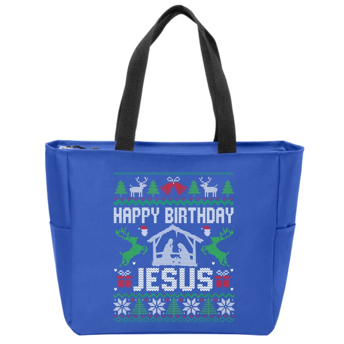 Christmas Outfit Happy Birthday Jesus Holiday Ugly Sweater Gift Zip Tote Bag