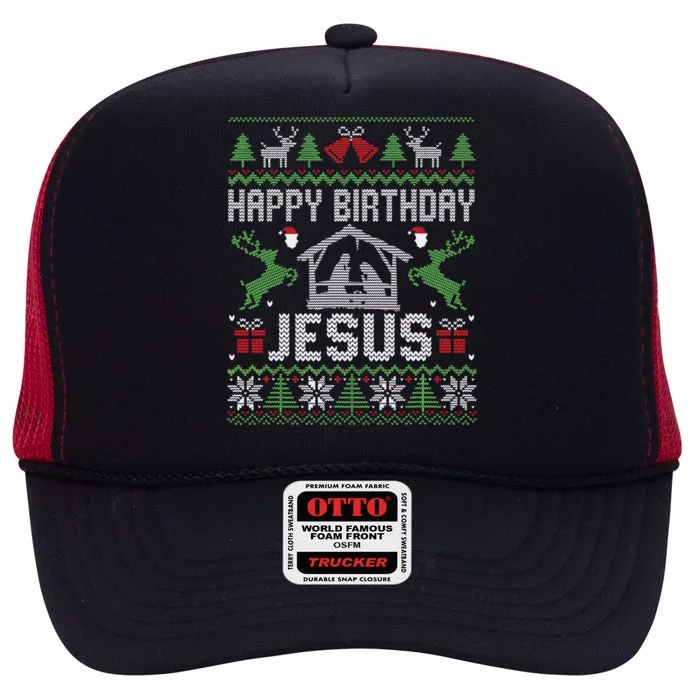 Christmas Outfit Happy Birthday Jesus Holiday Ugly Sweater High Crown Mesh Trucker Hat